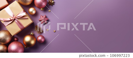 Christmas gifts and decorations on purple background flat lay Christmas gifts and decorations on purple background flat lay 106997223