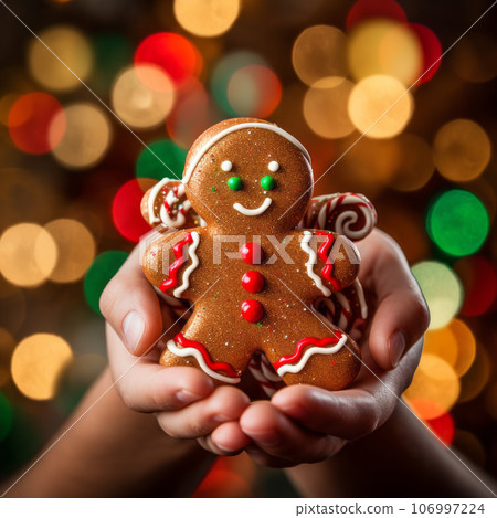 Child's hands holding tasty gingerbread cookies, close up view Child's hands holding tasty gingerbread cookies, close up view 106997224