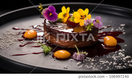 Foie gras, a pate decorated with edible flowers and micro greenery. 106997240