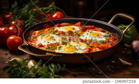 egg fried tomato shakshuk breakfast eggs vegetable meal food snack on the table egg fried tomato shakshuk breakfast eggs vegetable meal food snack on the table 106997259