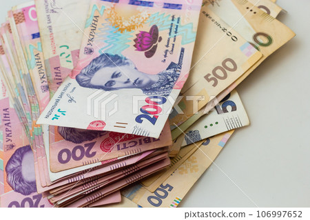Money of Ukraine. Background of ukrainian hryvnia banknotes. Hryvnia 500, 200. Uah. Money and save concept Money of Ukraine. Background of ukrainian hryvnia banknotes. Hryvnia 500, 200. Uah. Money and save concept 106997652
