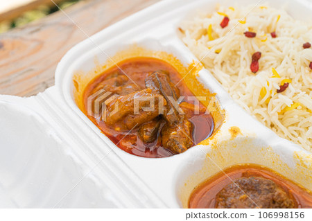 Kofta and Kabuli Pulao, Afghani Cuisine with Lamb Meat Balls, Pilaf or Pilau, Traditional Afghanistan Pilaw 106998156
