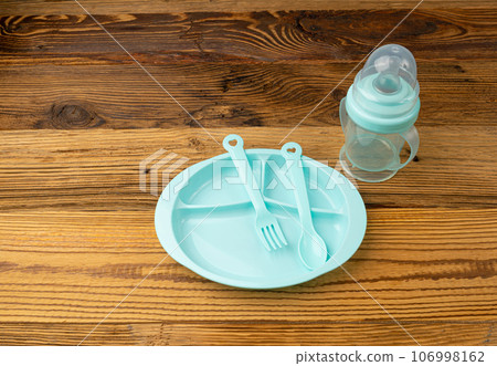Baby Plate, Cup, Spoon and Fork, Color Kids Utensils, Small Colorful Toddler Tableware Baby Plate, Cup, Spoon and Fork, Color Kids Utensils, Small Colorful Toddler Tableware 106998162