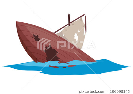 Damaged ship. Crash or accident in sea. Marine catastrophe. Cargo ship sinking in flat design. Vessel failure, rescue problem nautical transportation 106998345