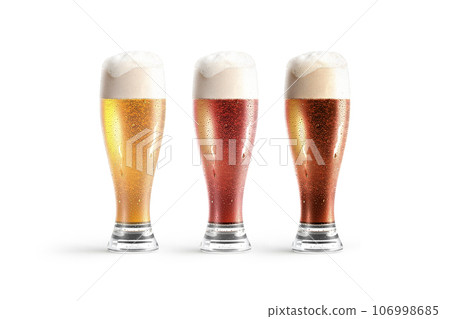 Blank transparent glass with light, red and dark beer mockup 106998685