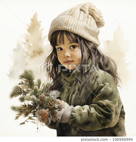 Watercolor representation of a child discovering gifts on Christmas. 106998994