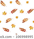 Template of autumn leaves on a white background. Colorful pattern of autumn leaves of different sizes. Illustration for textiles, backgrounds, wallpapers, packaging, notebooks, tableware 106998995