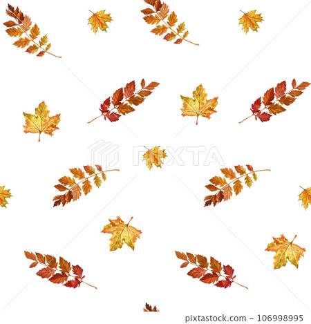Template of autumn leaves on a white background. Colorful pattern of autumn leaves of different sizes. Illustration for textiles, backgrounds, wallpapers, packaging, notebooks, tableware 106998995