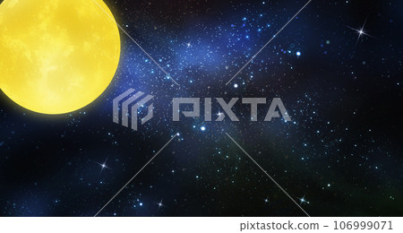 A golden full moon floating in a starry sky 106999071