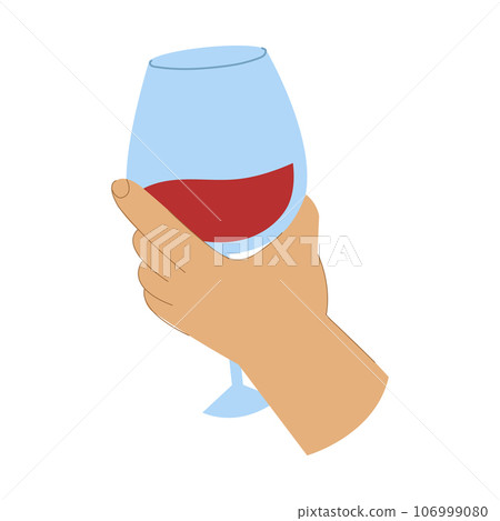 Cartoon style hand toasting with a glass of red wine. Celebration or wine testing concept. Cartoon style hand toasting with a glass of red wine. Celebration or wine testing concept. 106999080