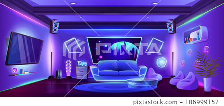 Room interior with game and stream equipment. 106999152