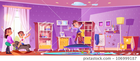 Children play and jump on trampoline in messy room 106999187