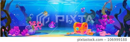 Bottom ocean underwater world with treasure chest 106999188