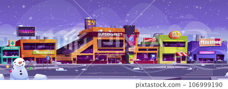 Winter supermarket parking near store building Winter supermarket parking near store building 106999190