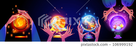 Magic glowing fortune glass ball in female hands 106999192