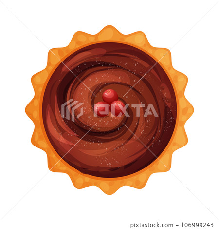 Homemde pie, tart top view whole with chocolate cream an cranberry round bakery, dessert top view in cartoon style isolated on white background. 106999243