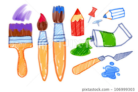 Child drawings of art supplies brushes and paints Child drawings of art supplies brushes and paints 106999303