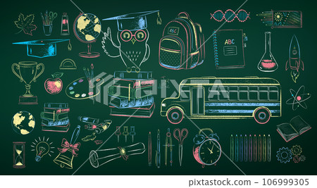 Education items on chalkboard background 106999305