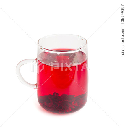 Hibiscus Tea, Dry Rose Drink, Cold Fruit Red Tea in Transparent Mug, Roselle Hibiscus Tea 106999397