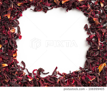 Dry Hibiscus Tea Isolated, Dry Rose Petals, Fruit Red Tea, Karkade Leaves, Dried Herbal Drink, Roselle Petal Dry Hibiscus Tea Isolated, Dry Rose Petals, Fruit Red Tea, Karkade Leaves, Dried Herbal Drink, Roselle Petal 106999405