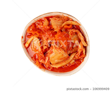 Kimchi Isolated, Kimchee in White Bowl, Red Spicy Kim Chi, Hot Fermented Napa Cabbage, Traditional Jimchi Kimchi Isolated, Kimchee in White Bowl, Red Spicy Kim Chi, Hot Fermented Napa Cabbage, Traditional Jimchi 106999409