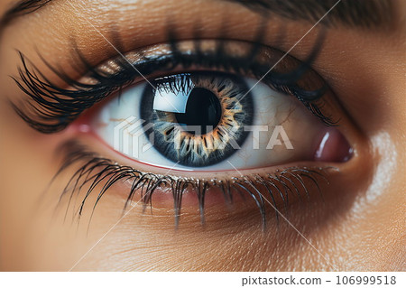 Beautiful blue eye of woman with long eyelashes and reflection on iris closeup macro Beautiful blue eye of woman with long eyelashes and reflection on iris closeup macro 106999518