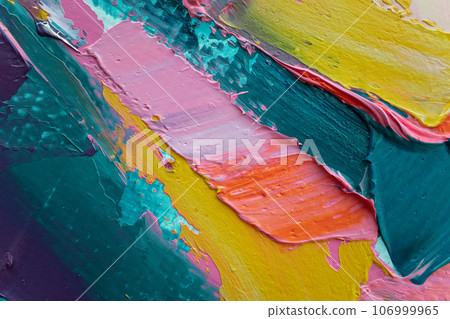 Closeup of abstract rough colorful art painting texture, with oil brushstroke, pallet knife paint on canvas, complementary colors. 106999965
