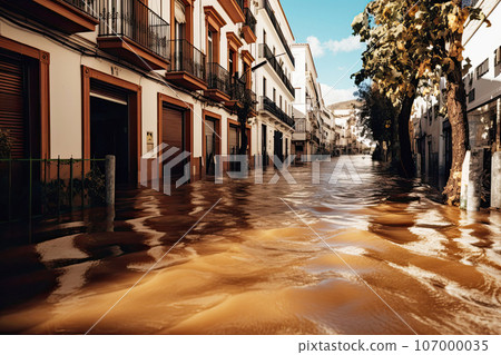Flooding in an european village, with washed out street 107000035