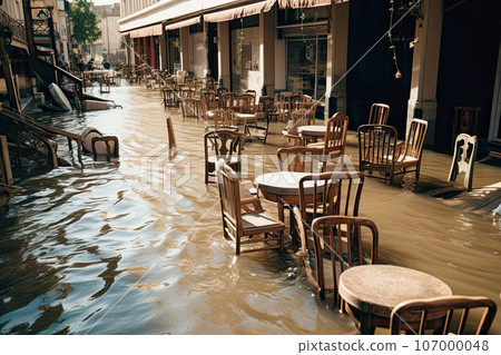 Flooding in Spain, with washed out street, destroyed furniture and garbage floating in the water 107000048