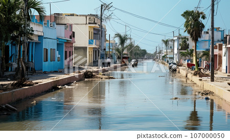 Flooding in an African country, with washed out roads, destroyed houses, pillars and rubbish 107000050