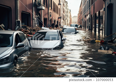 Floating cars in the water during flooding in an european village, with washed out street 107000053