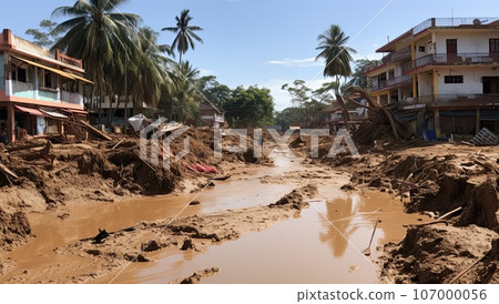 Flooding in an African country, with washed out roads, destroyed houses and piles of rubbish 107000056