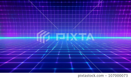 Neon glow cyan blue and purple perspective grid room, cyberspace, digital techonology and VR concept, retro future abstract background. Generative AI 107000073