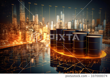 Oil drums and crude oil price chart 3D illustration  on city skyline background. Generative AI 107000074