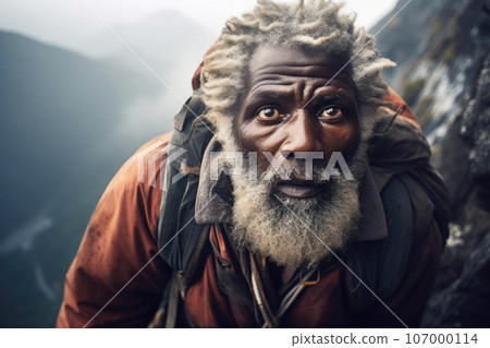 Afro american black elderly white hair man climber as they navigate a narrow ridge high in the mountains 107000114