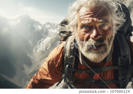 Elderly grey hair man close-up climber portrait as they navigate a narrow ridge high in the mountains 107000124