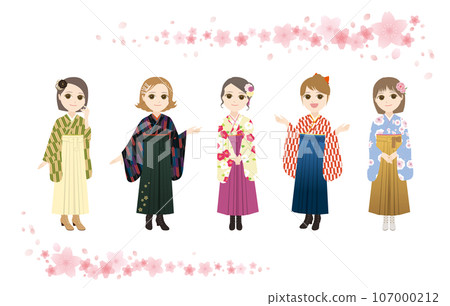 Five women in hakama 01 (Japanese style seamless pattern) 107000212