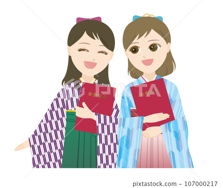 Two women in hakama with a smile and holding a diploma (Japanese style seamless pattern) 107000217