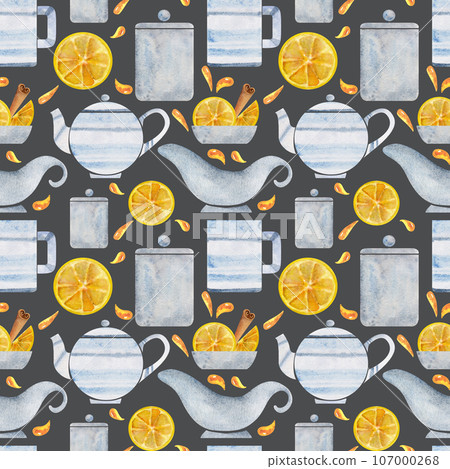 Hand drawn watercolor teaware, tea lemon, dishes crockery porcelain, hot beverage. Seamless pattern isolated on white background. For invitations, cafe, restaurant food menu, print, website, cards Hand drawn watercolor teaware, tea lemon, dishes crockery porcelain, hot beverage. Seamless pattern isolated on white background. For invitations, cafe, restaurant food menu, print, website, cards 107000268