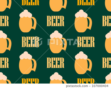 Beer mug seamless pattern. Glass of foamy light beer and text on a dark green background. Alcohol party. Design for prints, banners, wallpapers and promotional items. Vector illustration Beer mug seamless pattern. Glass of foamy light beer and text on a dark green background. Alcohol party. Design for prints, banners, wallpapers and promotional items. Vector illustration 107000404
