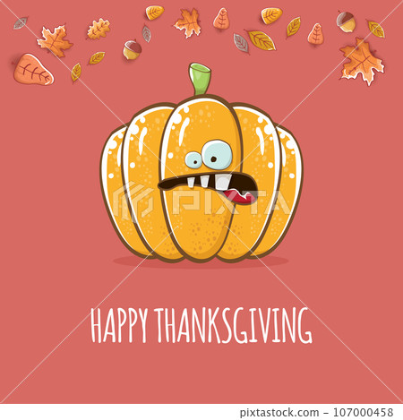 Happy thanksgiving day banner or greeting card with funny cartoon cute orange smiling pumkin isolated on brown background. Celebration text with pumpkin and autumn leaves for poster, label Happy thanksgiving day banner or greeting card with funny cartoon cute orange smiling pumkin isolated on brown background. Celebration text with pumpkin and autumn leaves for poster, label 107000458