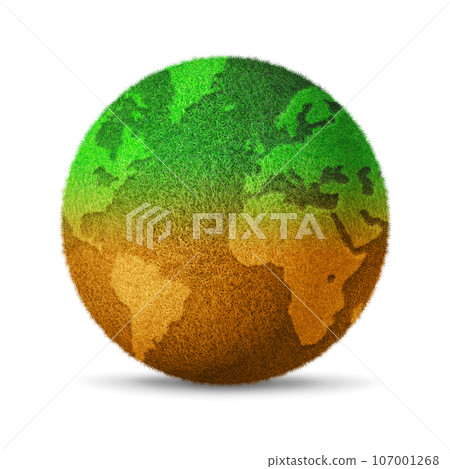World globe covered with grass drying out due to global warming. Isolated on white background 107001268