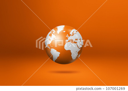 World globe, earth map, isolated on orange. Horizontal background 107001269