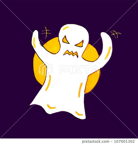 Vector scary face ghost on purple background. Halloween doodle icon. Terrible facial expressions. 107001302