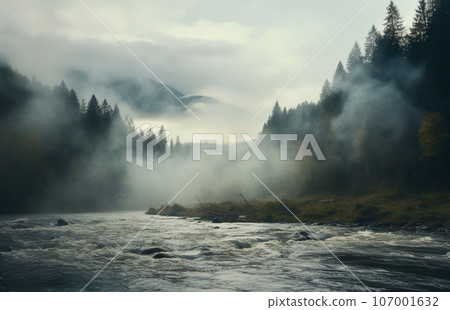 Mountain river and foggy morning in Alps. Forest landscape Mountain river and foggy morning in Alps. Forest landscape 107001632