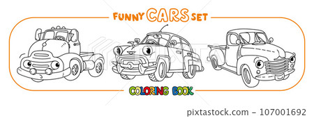 Funny small retro trucks. Cars coloring book Funny small retro trucks. Cars coloring book 107001692
