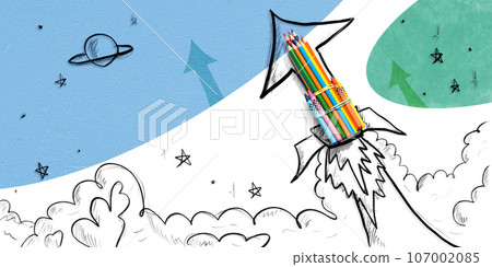 Back to school theme with hand drawn rocket and pencils 107002085