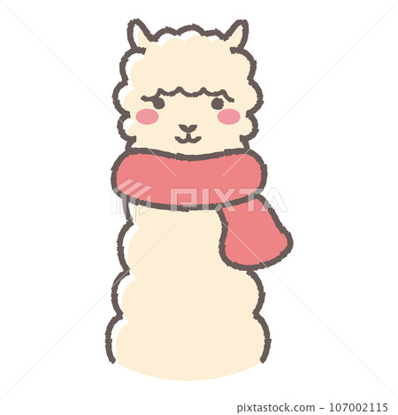Illustration of a fluffy alpaca wearing a scarf (front facing face) Illustration of a fluffy alpaca wearing a scarf (front facing face) 107002115