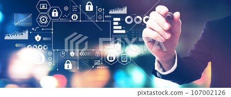 Cyber security theme with a businessman holding a marker 107002126