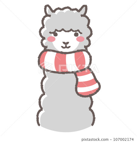 Illustration of a fluffy alpaca wearing a scarf (front facing face) Illustration of a fluffy alpaca wearing a scarf (front facing face) 107002174